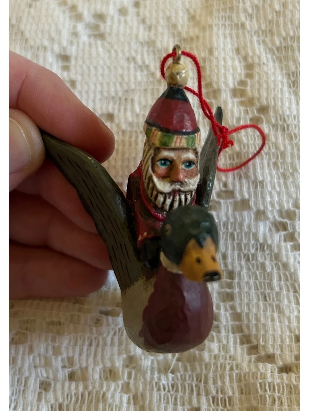Hand-Carved Wooden Bird and Santa on Duck Christmas Ornaments